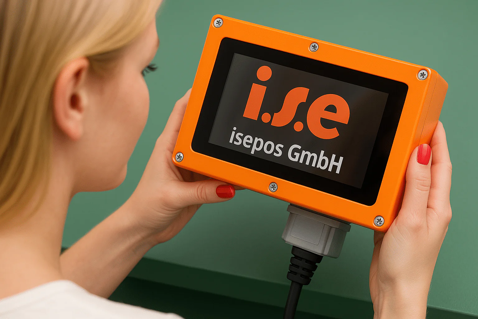 Eine Person hält eine orangefarbene iseBOX mit dem Logo der isepos GmbH in den Händen.